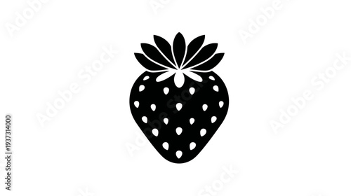 A monochrome illustration of a strawberry featuring seeds, leaves, and a stem against a white background