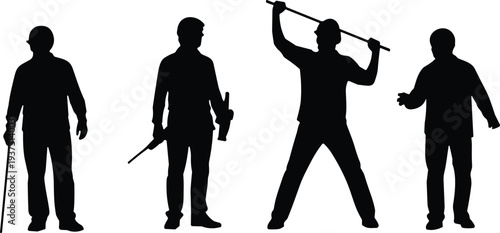 Construction worker silhouettes set, men working, laborers, man with hard hat, holding tools, pole, various poses, isolated vector collection.