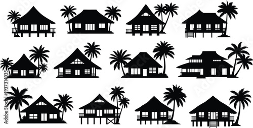 Tropical island huts and palm trees silhouette collection