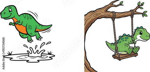 Dinosaurs playing on swings and jumping into water illustration