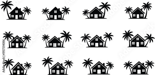 Tropical house silhouettes with palm trees