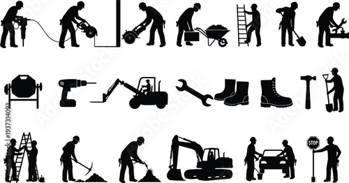 Construction, Worker, Equipment, Silhouette, Tool, Activity, Machinery, Labor, Icon, Graphic, Manual, Task, Industrial, Build, Site, Design, Figure, Work, Safety, Illustration