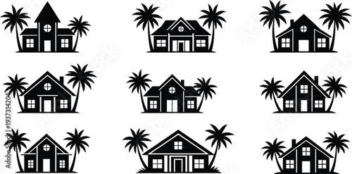 Collection of black and white tropical house silhouettes with palm trees