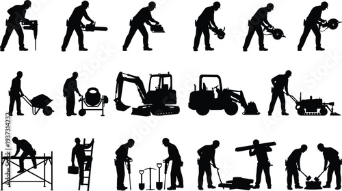 Construction, Worker, Machinery, Silhouette, Labor, Tool, Equipment, Task, Manual, Site, Build, Icon, Graphic, Industrial, Job, Activity, Design, Figure, Work, Illustration