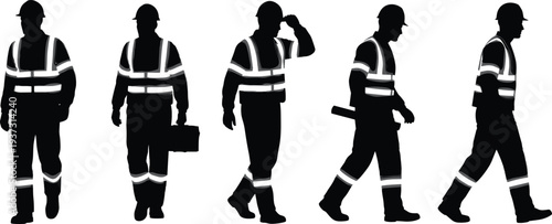 Construction, Worker, Safety, Silhouette, Gear, Vest, Helmet, Toolbox, Pose, Icon, Graphic, Manual, Labor, Job, Equipment, Attire, Action, Design, Figure, Illustration
