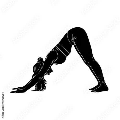 Woman doing downward facing dog yoga isolated on transparent background.