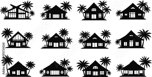 Tropical house silhouettes with palm trees
