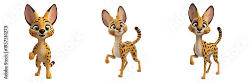 Three Cute Serval Characters with Large Ears and Spotted Fur in Playful Poses Isolated on White Background PNG for Kids African Savanna Wildlife Illustration Design Set Bundle