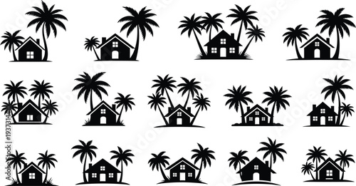 Tropical island houses and palm trees silhouette collection