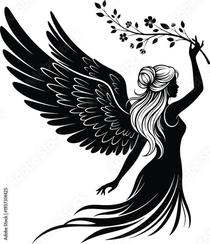 A mystical winged figure with a floral branch and flowing dress