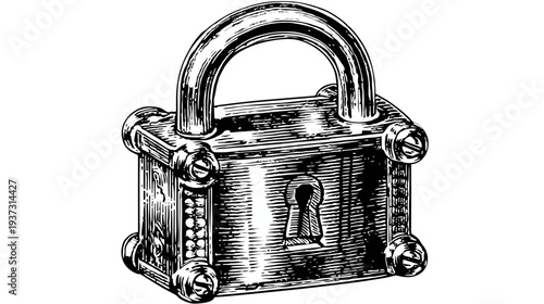 Black and white line drawing of a classic padlock with screws and a keyhole