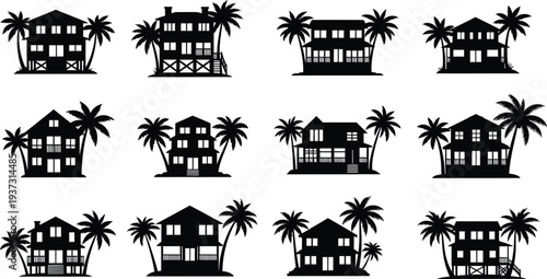 Tropical house silhouettes with palm trees