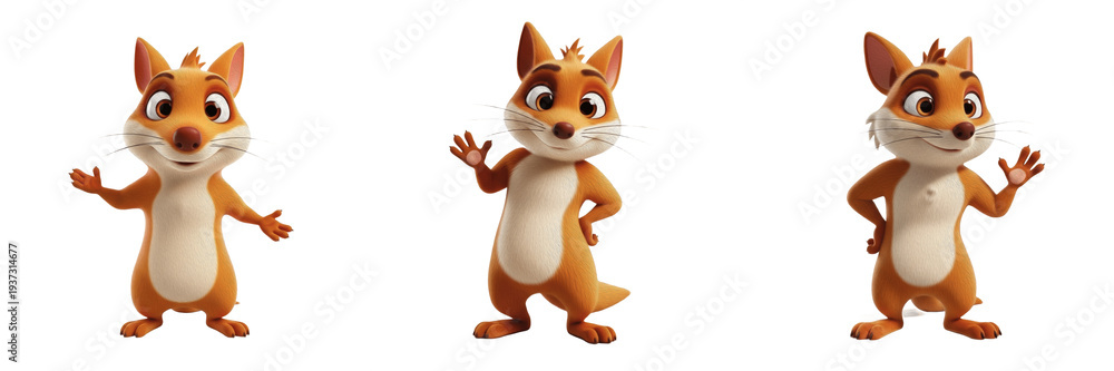Obraz premium Three Cute Orange Fox Characters with White Bellies and Expressive Poses Isolated on White Background PNG for Kids Forest Animal Wildlife Illustration Design Set