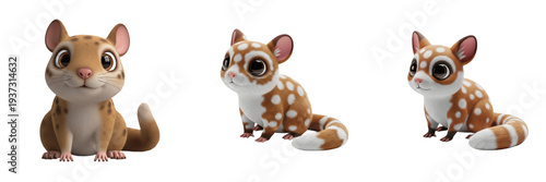 Three Cute Spotted Quoll Characters with Long Striped Tails and Curious Expressions Isolated on White Background PNG for Kids Australian Wildlife Animal Illustration Design Set