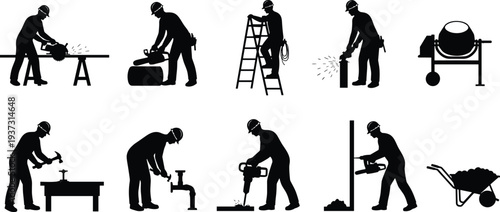 Construction, Worker, Silhouette, Labor, Tool, Task, Manual, Equipment, Site, Activity, Pose, Hardhat, Icon, Graphic, Build, Work, Design, Figure, Job, Illustration