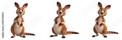 Three Cute Brown Kangaroo Characters with Large Ears and Long Tails Isolated on White Background PNG for Kids Australian Wildlife Animal Illustration Design Set