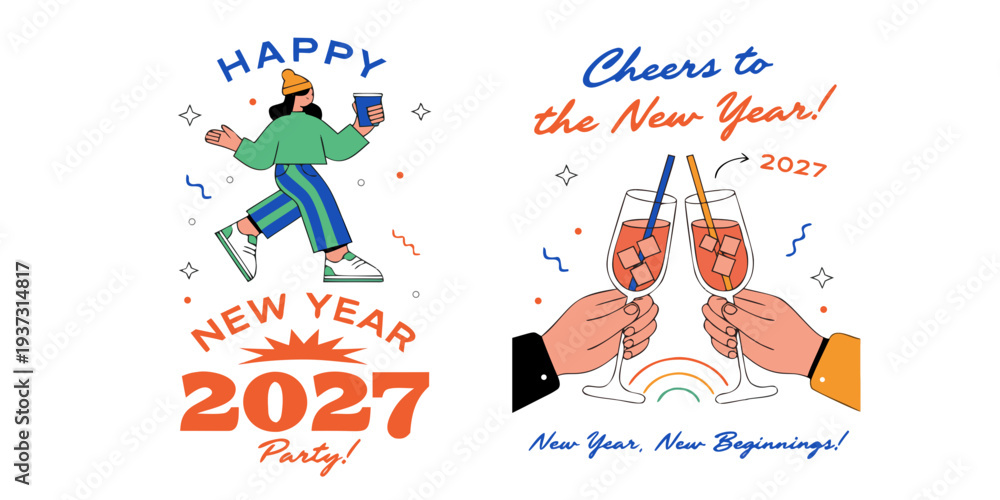 Obraz premium Happy New Year 2027 – Playful Hand‑Drawn Celebration with Dancing Characters, Champagne Toast, and Colorful Festive Graphics for Posters, Greetings & Holiday Promotions