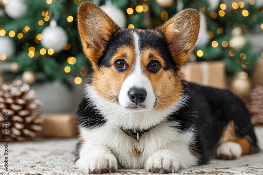 Obraz premium Corgi dog lying on rug near christmas tree