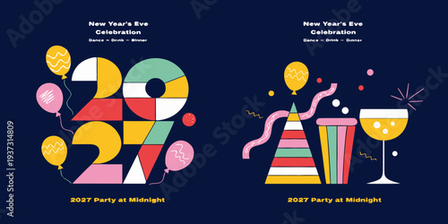 New Year’s Eve 2027 Celebration – Vibrant Balloons, Party Hats, Cocktails, and Festive Midnight Graphics for Posters, Invitations, and Holiday Event Promotions