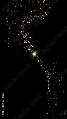 Twirling stream of glittering, square-shaped particles emanating from a bright, central star