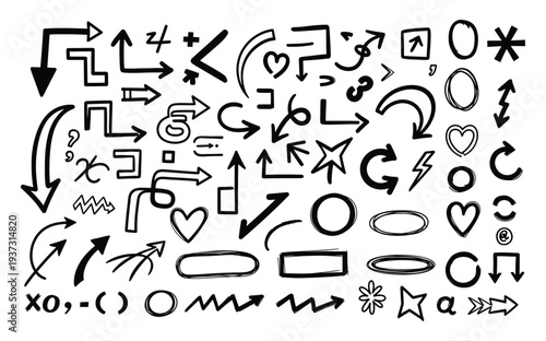 A collection of hand drawn symbols arrows and shapes