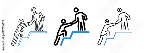 Stick figures helping another to climb stairs to reach the top.
