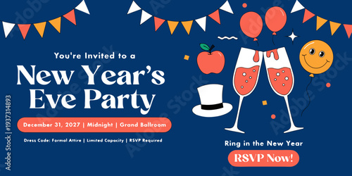 New Year’s Eve Party Invitation – Elegant Champagne Glasses, Balloons, and Festive Celebration Graphics for Formal Event Posters, RSVPs, and Holiday Promotions