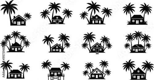 Tropical island houses and palm trees silhouette collection