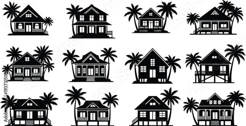 Tropical house silhouettes with palm trees