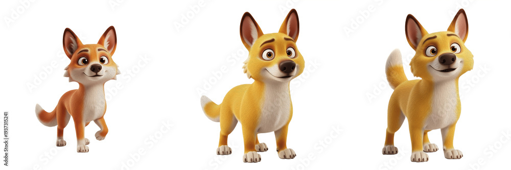 Naklejka premium Gray Fox Urocyon cinereoargenteus isolated on white background cute 3D cartoon animal character set fluffy grey and orange fur mascot standing poses clipart animation
