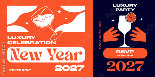 Luxury New Year 2027 Celebration – Elegant Invitation Design with Cocktails, Premium Drinks, Exclusive Party Graphics, and Festive Event Artwork