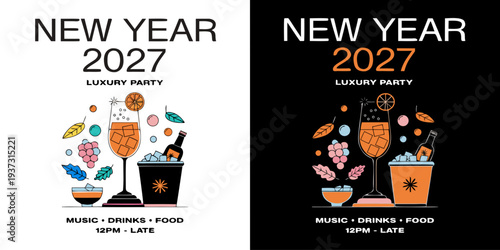 New Year 2027 Luxury Party – Elegant Celebration Poster with Champagne, Cocktails, Premium Drinks, and Festive Graphics for Invitations, Events, and Nightlife Promotions