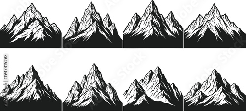 Mountain range peaks silhouette, black and white rocky nature landscapes, outdoor adventure and travel hand drawn vector illustrations, snowy summit