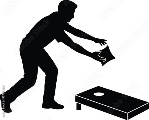 Cornhole game silhouette illustration, player tossing bean bag, outdoor lawn activity, recreational sport, leisure competition, skill challenge, backyard fun
