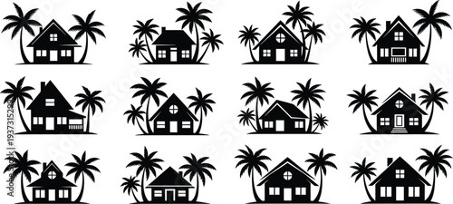 Tropical house silhouettes with palm trees