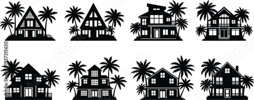 Tropical house silhouettes with palm trees