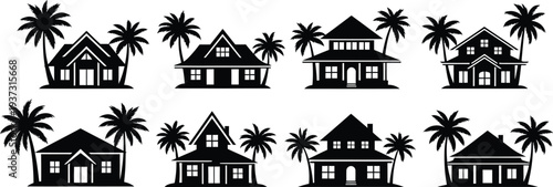 Tropical house silhouettes with palm trees
