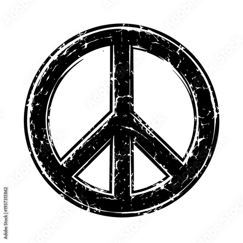 Distressed black peace symbol on white background representing harmony and anti-war movement