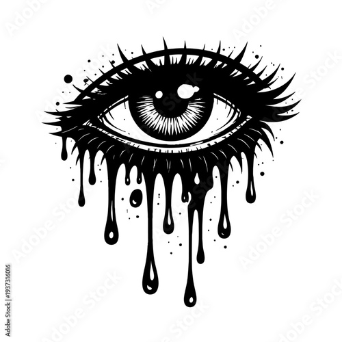 black and white illustration of an eye with dripping eyelashes and mascara running