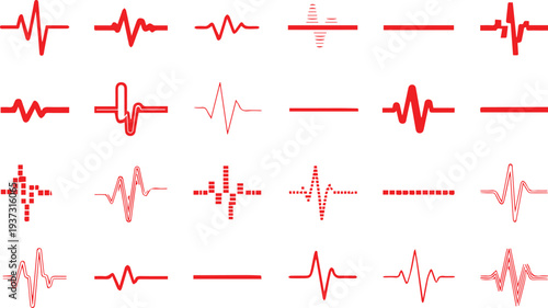Red heartbeat line collection with heart symbol, cardiology, medical pulse, ECG, EKG design, healthcare clipart vector illustration, health monitoring, digital heartbeat graphics