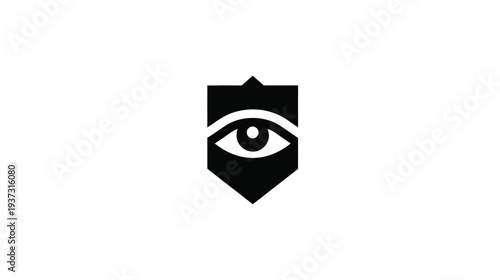 A geometric eye within a shield shape, depicted in solid black against a stark white backdrop