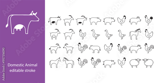 Domestic Animal editable stroke outline web icons set. Cow, goat, pig, hen, goose, horse, chicken, rooster and sheep. Vector illustration