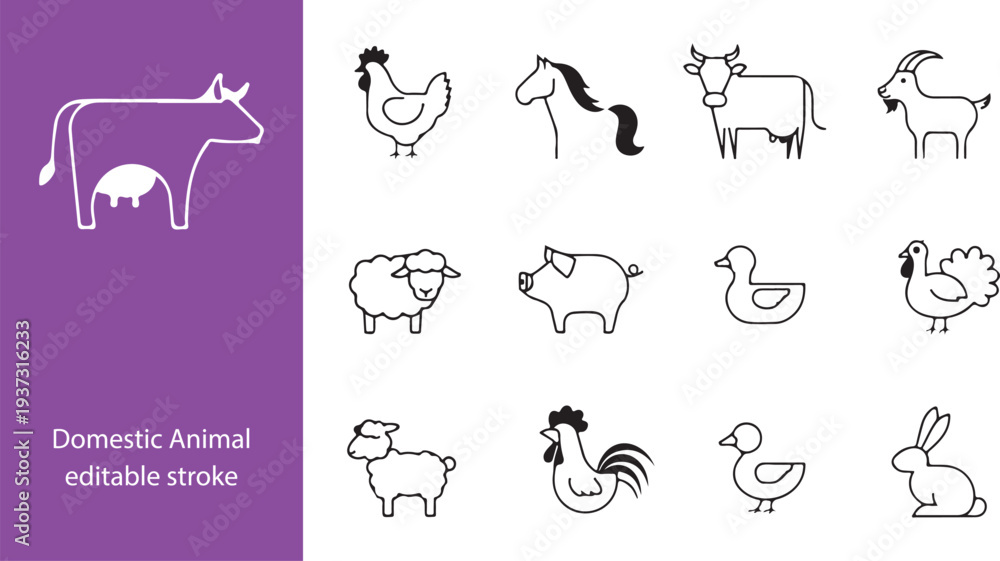 Obraz premium Domestic Animal editable stroke outline web icons set. Cow, goat, pig, hen, goose, horse, chicken, rooster and sheep. Vector illustration