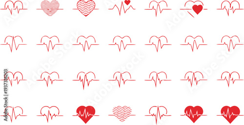 Red heartbeat line collection with heart symbol, cardiology, medical pulse, ECG, EKG design, healthcare clipart vector illustration, health monitoring, digital heartbeat graphics