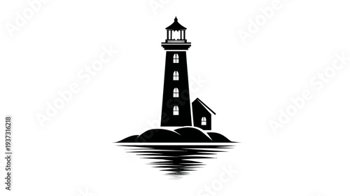 A silhouette of a seaside lighthouse, with its reflection on water and a small building