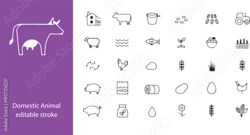 Domestic Animal editable stroke outline web icons set. Cow, goat, pig, hen, goose, horse, chicken, rooster and sheep. Vector illustration