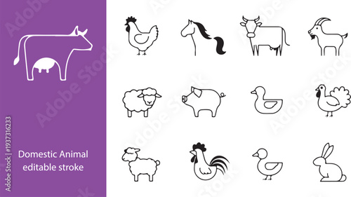 Domestic Animal editable stroke outline web icons set. Cow, goat, pig, hen, goose, horse, chicken, rooster and sheep. Vector illustration