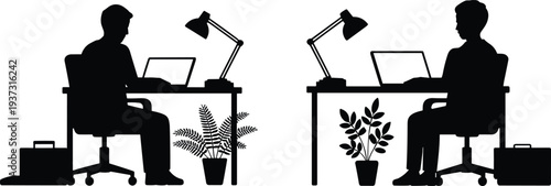 Two businessmen working on laptops at separate office desks with lamps and plants, remote work productivity silhouette vector illustration