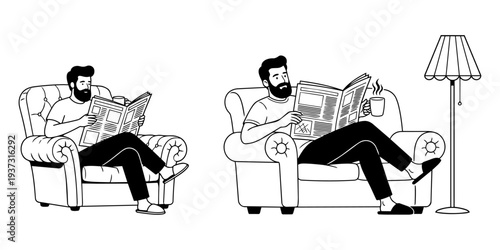 Bearded man relaxing in an armchair and reading a newspaper a minimalist black and white line art illustration depicting leisure home comfort and daily routine