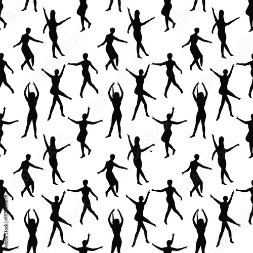 Dancing women silhouette seamless pattern, female ballet and modern dance poses background isolated on white illustration